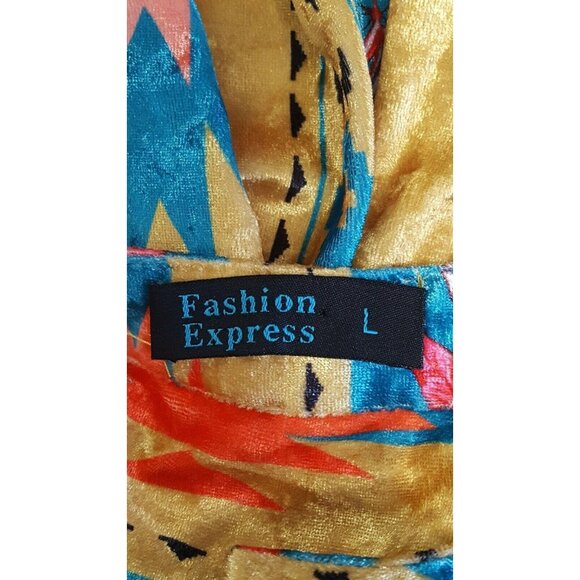 Women's Size Large Top Velour Aztec Yellow Tunic Roll Tab Sleeve Band Collar - Picture 7 of 8